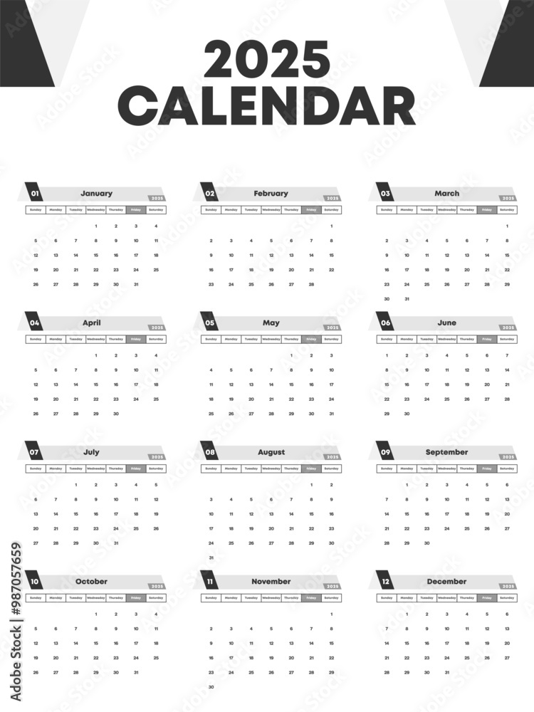 Black and white Theme 2025 Year Calendar for Print Black and white Theme 2025 Year Calendar for Print