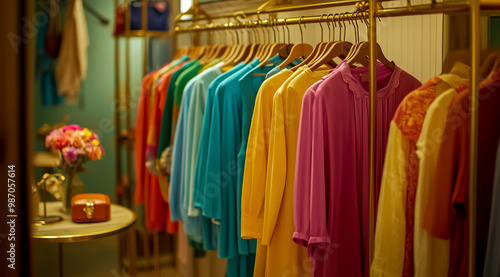 A boutique displaying vibrant clothing on wooden hangers, featuring long and short sleeves in shades like teal.