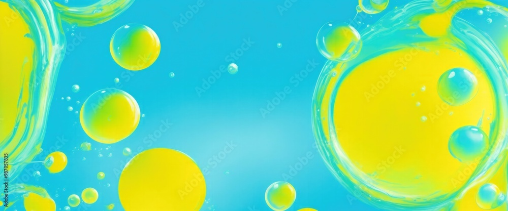 Cyan and yellow soap bubbles in paint abstract design colorful background Cyan and yellow soap bubbles in paint abstract design colorful background