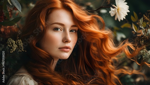 Enchanted portrait of a woman with flowing red hair amidst a lush backdrop of vibrant leaves and blooming flowers