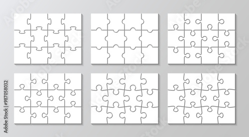 Puzzle grids with 12 pieces. Puzzle infographics set. Jigsaw business chain infographic. Process diagram presentation. Business info graphic with steps, parts. Vector illustration