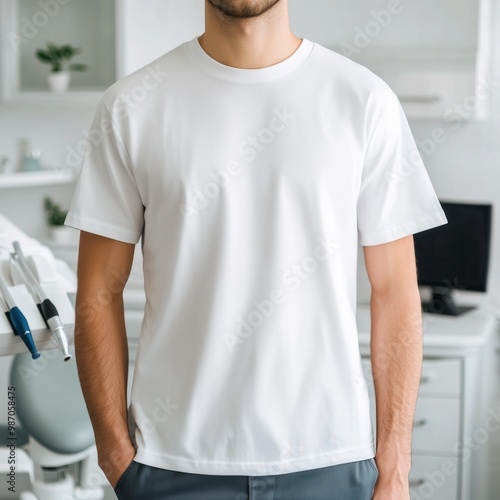 Men's white tshirt mockup. Young man model in basic short sleeve shirt, dental clinic interior background. Blank tee template. Dental student, assistant, hygienist shirt design mock up