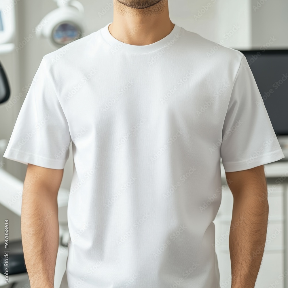 Men's white tshirt mockup. Young man model in basic short sleeve shirt, dental clinic interior background. Blank tee template. Dental student, assistant, hygienist shirt design mock up Men's white tshirt mockup. Young man model in basic short sleeve shirt, dental clinic interior background. Blank tee template. Dental student, assistant, hygienist shirt design mock up