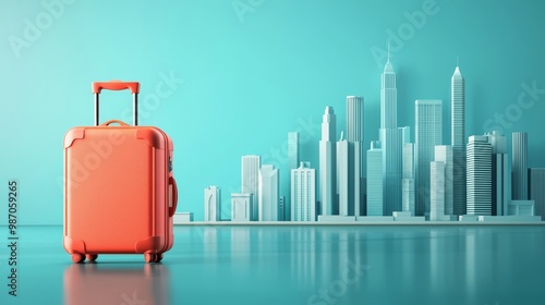 An orange suitcase stands against a city skyline backdrop, reflecting modern architecture on a serene blue surface. photo