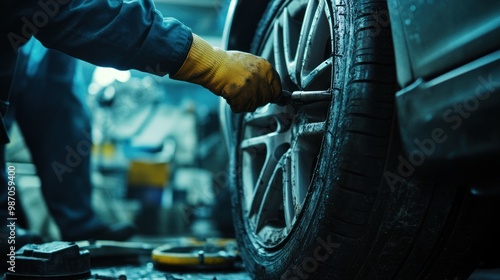 A car tire undergoing a detailed repair process, featuring a mechanic and necessary tools, with room for service-related text.