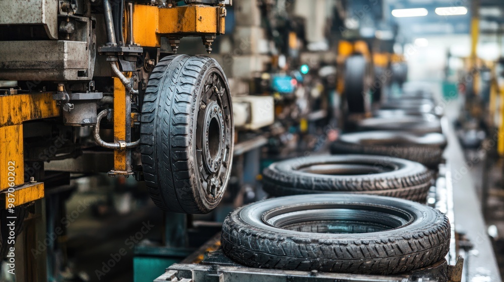 A detailed look at the manufacturing process of car tires, from raw materials to final product, with industrial machinery in the background. A detailed look at the manufacturing process of car tires, from raw materials to final product, with industrial machinery in the background.