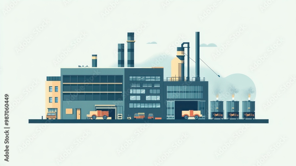 Fototapeta premium A modern industrial factory scene with smokestacks, vehicles, and machinery, showcasing technology and manufacturing processes.
