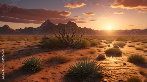  Stunning Landscape of Cactuses and Desert Plants Illuminated by the Golden Glow of the Setting Sun