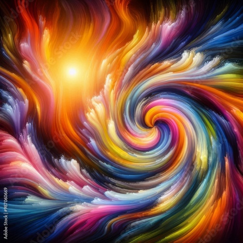 A striking abstract digital art image with swirling patterns of bright, vibrant colors. The composition exudes energy and motion, making it an excellent choice for creative projects, digital