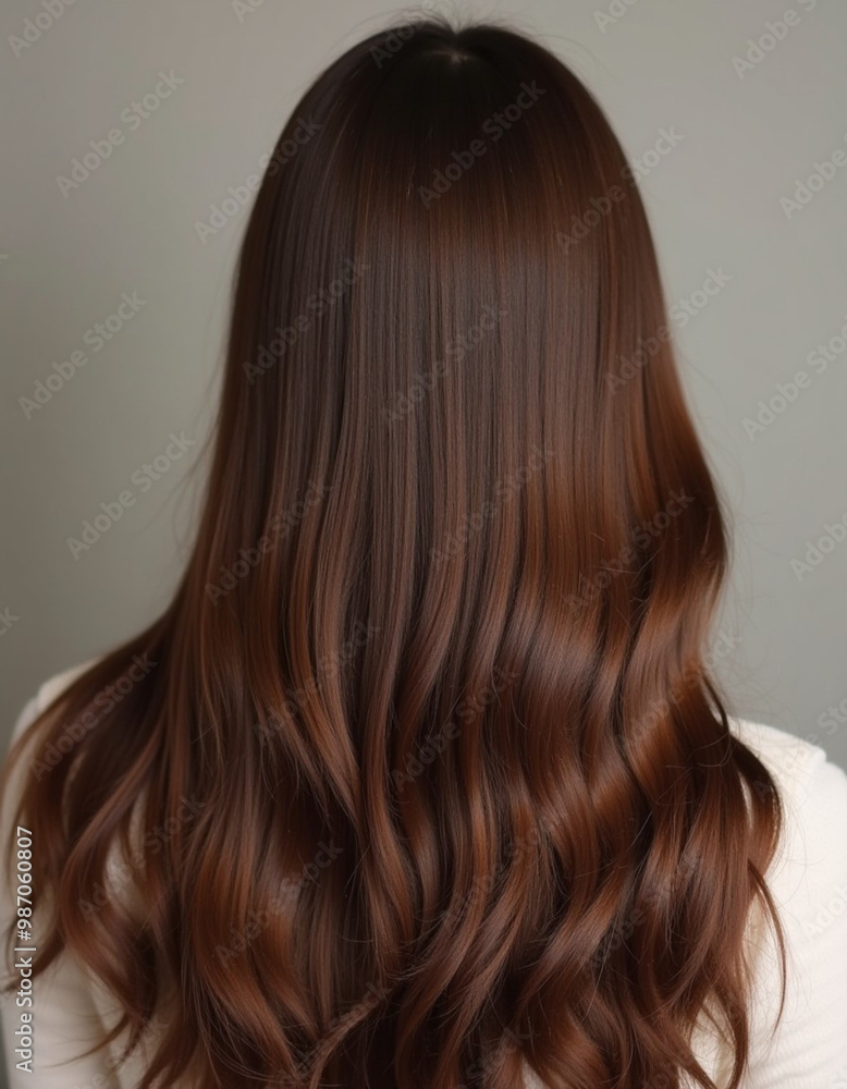 A person with long, wavy brown hair is turned away, showcasing the beautiful waves and shine. Neutral background that highlights hair texture. Hair care, the effect of cosmetics Generative AI A person with long, wavy brown hair is turned away, showcasing the beautiful waves and shine. Neutral background that highlights hair texture. Hair care, the effect of cosmetics Generative AI
