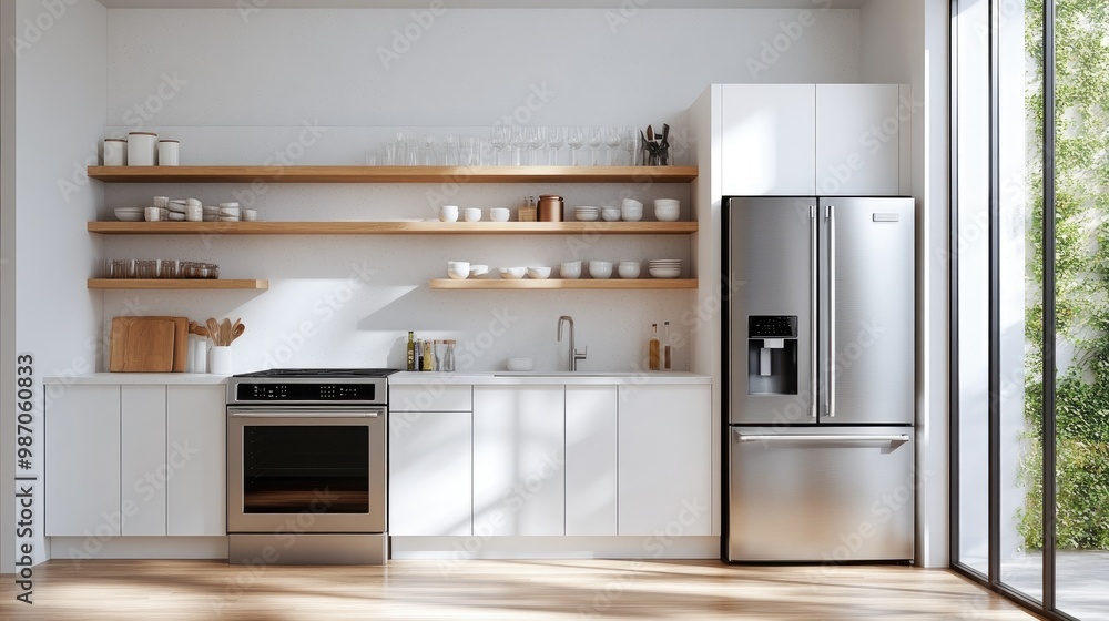 Fototapeta premium Modern Minimalist Kitchen with Stainless Steel Appliances and Wooden Shelves