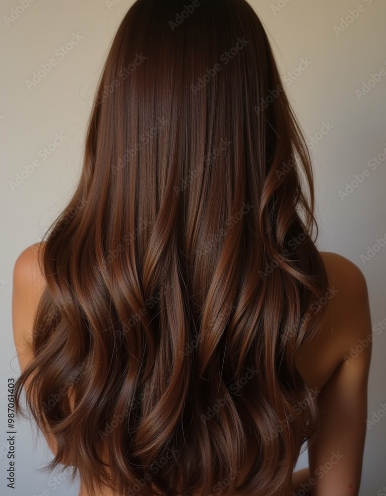 A person with long, wavy brown hair is turned away, showcasing the beautiful waves and shine. Neutral background that highlights hair texture. Hair care, the effect of cosmetics Generative AI A person with long, wavy brown hair is turned away, showcasing the beautiful waves and shine. Neutral background that highlights hair texture. Hair care, the effect of cosmetics Generative AI