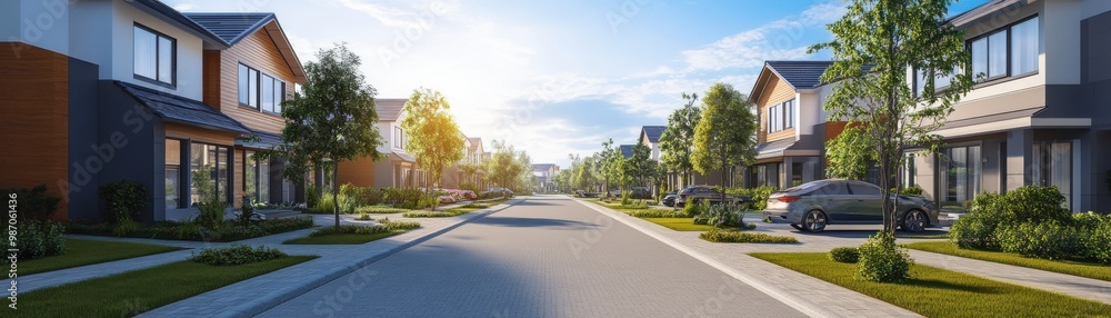 A picturesque suburban street lined with modern homes and vibrant greenery, showcasing a peaceful, inviting community atmosphere. A picturesque suburban street lined with modern homes and vibrant greenery, showcasing a peaceful, inviting community atmosphere.