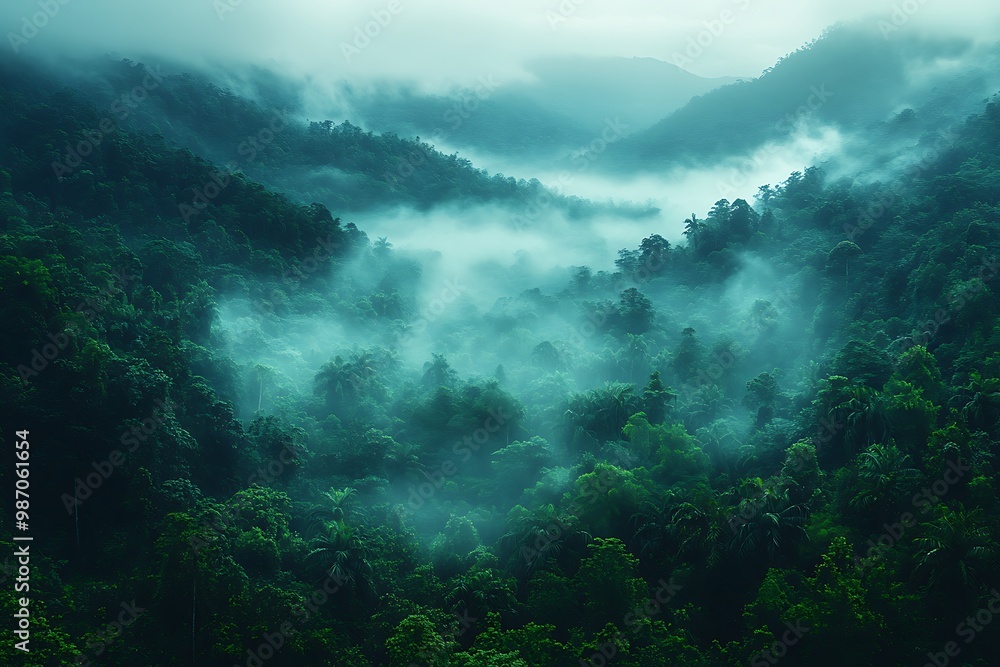 Exotic foggy forest. Jungle panorama, forest oasis. Foggy dark forest. Natural forest landscape Exotic foggy forest. Jungle panorama, forest oasis. Foggy dark forest. Natural forest landscape