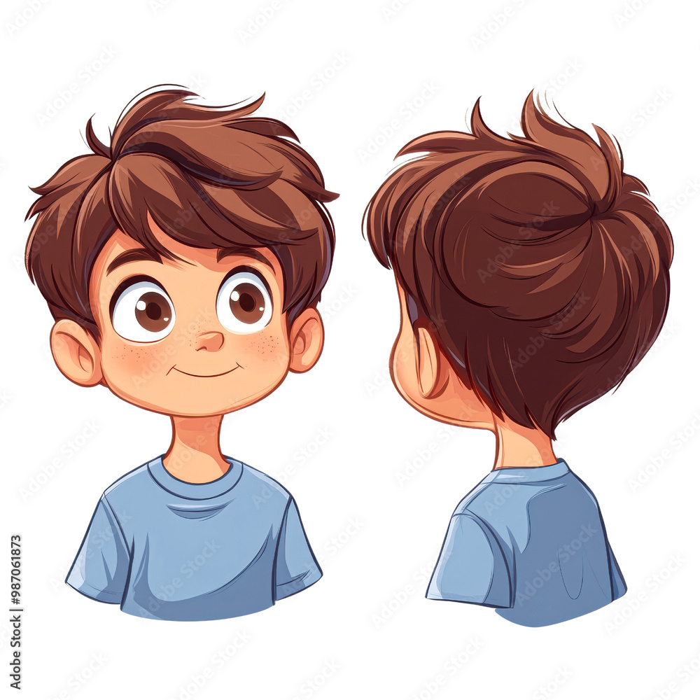 An adorable cartoon illustration of a young boy with brown hair from front and back views wearing a light blue shirt; suitable for educational materials isolated on transparency PNG background An adorable cartoon illustration of a young boy with brown hair from front and back views wearing a light blue shirt; suitable for educational materials isolated on transparency PNG background