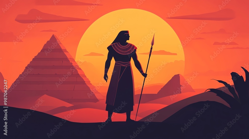 Silhouette of a warrior against a stunning sunset with pyramids, capturing the essence of ancient Egypt and its majestic landscapes. Silhouette of a warrior against a stunning sunset with pyramids, capturing the essence of ancient Egypt and its majestic landscapes.
