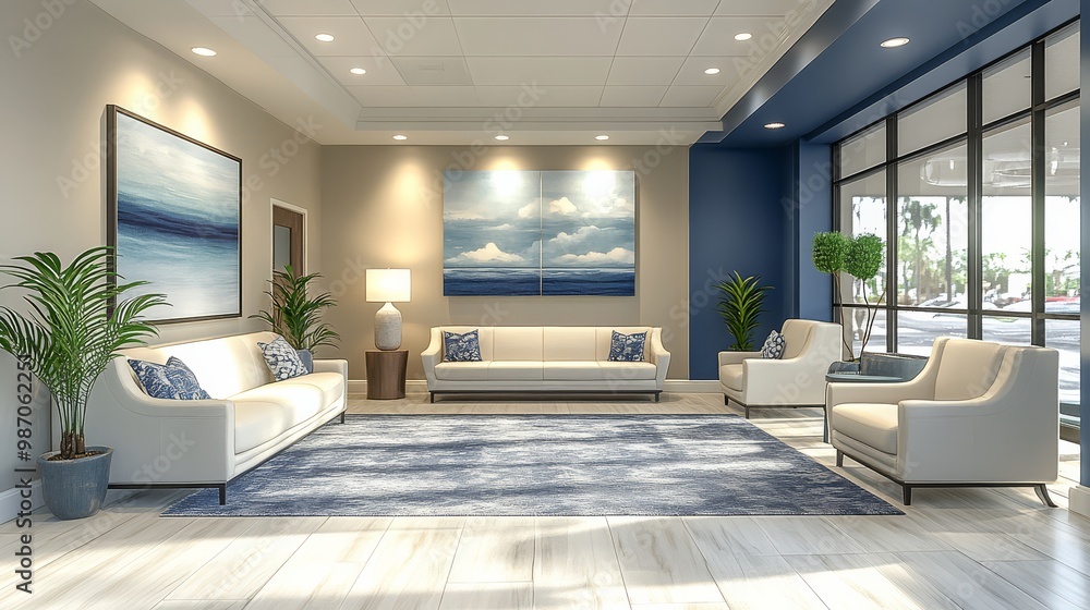 Modern lounge with elegant furniture, large windows, and contemporary artwork, creating a serene and inviting atmosphere. Modern lounge with elegant furniture, large windows, and contemporary artwork, creating a serene and inviting atmosphere.