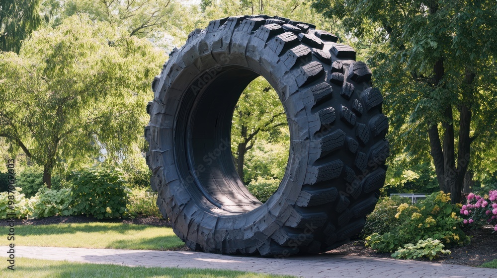 A large car tire sculpture in an outdoor setting, showing creativity in design and materials, with space for event announcements. A large car tire sculpture in an outdoor setting, showing creativity in design and materials, with space for event announcements.
