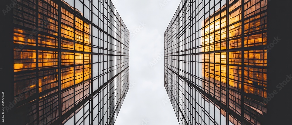 A striking view of glass buildings reflecting warm hues, creating a dramatic vertical perspective against a hazy sky. A striking view of glass buildings reflecting warm hues, creating a dramatic vertical perspective against a hazy sky.