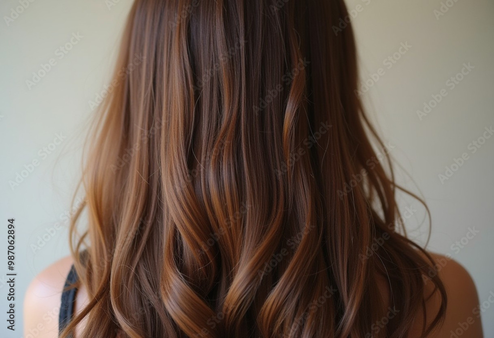A person with long, wavy brown hair is turned away, showcasing the beautiful waves and shine. Neutral background that highlights hair texture. Hair care, the effect of cosmetics Generative AI A person with long, wavy brown hair is turned away, showcasing the beautiful waves and shine. Neutral background that highlights hair texture. Hair care, the effect of cosmetics Generative AI