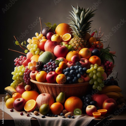 A stunning still life of assorted fresh fruits meticulously arranged in a wicker basket, showcasing a variety of colors and textures. The abundance of fruits, including apples, oranges, and pineapples