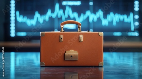 Financial downturn depicted by an abandoned briefcase on a polished desk, digital screen with negative trends in the background, professional light, soft contrasts, clean layout photo