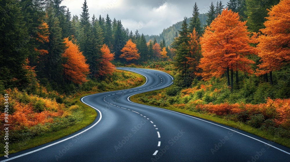Fototapeta premium Winding Road Through Autumn Forest