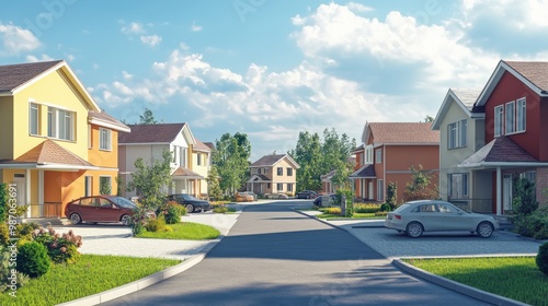 A tranquil suburban street with colorful homes, lush greenery, and a clear blue sky, ideal for a peaceful community atmosphere.