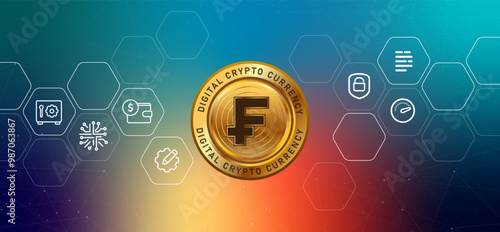 Franc France crypto digital currency money blockchain coin illustration financial technology