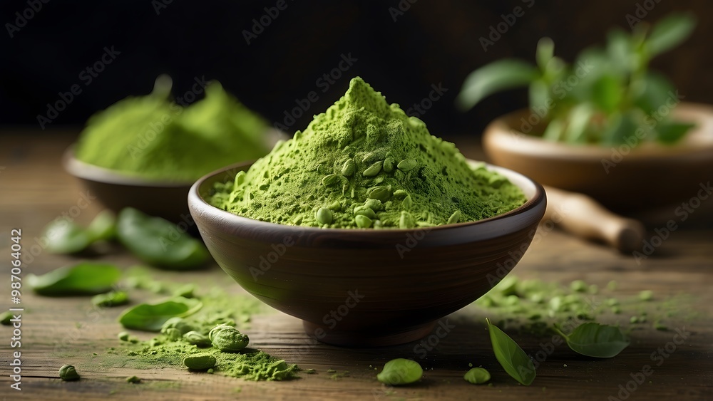 Green Matcha Powder in a Wooden Bowl Surrounded by Fresh Leaves and Other Small Bowls on a Rustic Wooden Table Green Matcha Powder in a Wooden Bowl Surrounded by Fresh Leaves and Other Small Bowls on a Rustic Wooden Table