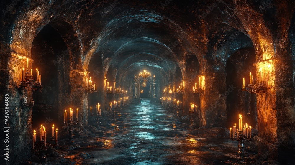 Candles lit in a mysterious stone hallway Candles lit in a mysterious stone hallway