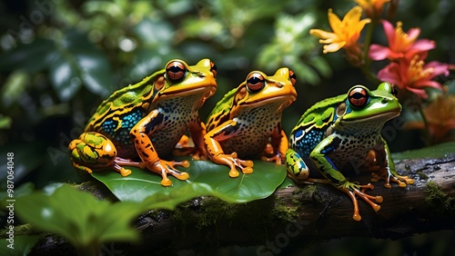 Colorful Frogs Resting on Green Leaves Surrounded by Vibrant Flowers in a Tropical Rainforest Environment