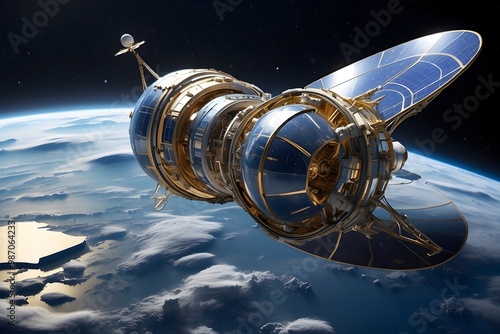 Futuristic Spacecraft Flying Above Earth With Solar Panels and Advanced Technology