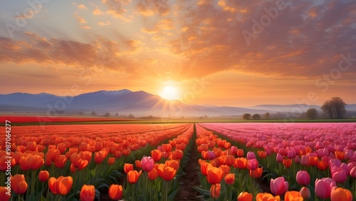 Colorful Tulip Fields Under a Sunset Sky Near Mountains in Springtime