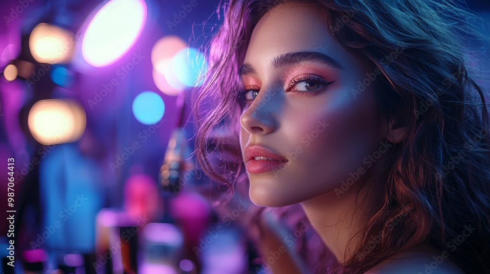 Portrait of a glamorous woman in a vibrant nightclub setting with colorful neon lights illuminating her face. Portrait of a glamorous woman in a vibrant nightclub setting with colorful neon lights illuminating her face.