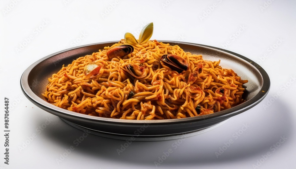 Spanish Food, Fideuà on white background isolated. Spanish Food, Fideuà on white background isolated.