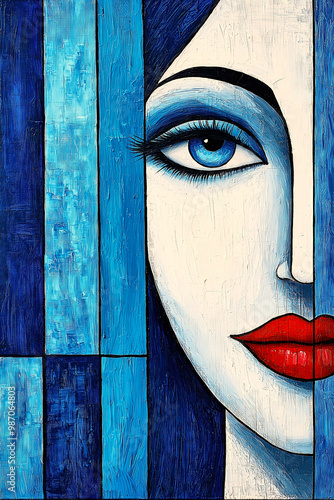 Woman staring with blue eye in modern art painting illustration