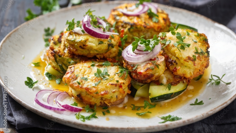 Delicious golden fried cutlets with feta and zucchini, garnished with bright red onions and fresh herbs. Delicious golden fried cutlets with feta and zucchini, garnished with bright red onions and fresh herbs.