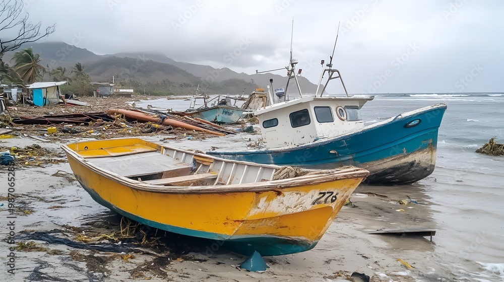 Dramatic scene of boats and fishing vessels violently thrown onto the shoreline Dramatic scene of boats and fishing vessels violently thrown onto the shoreline