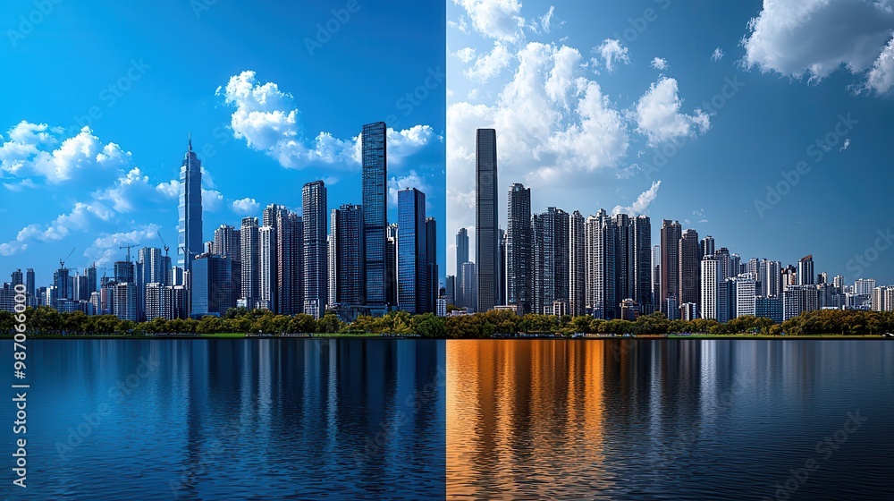 Clearing the Haze: Before and After Pollution Control Technologies Transform Smog-Filled Cityscape, Environmental Progress Concept with Copy Space Clearing the Haze: Before and After Pollution Control Technologies Transform Smog-Filled Cityscape, Environmental Progress Concept with Copy Space
