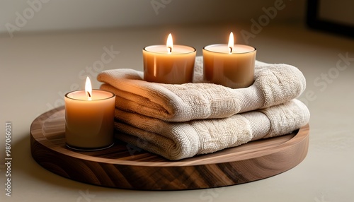 Cozy wooden tray featuring three glowing candles alongside neatly stacked beige towels