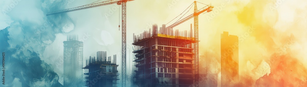 A vibrant construction site showcasing cranes and buildings against a colorful backdrop, symbolizing urban development and progress. A vibrant construction site showcasing cranes and buildings against a colorful backdrop, symbolizing urban development and progress.