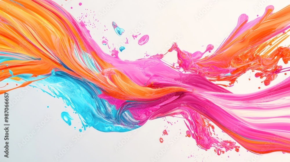Bright splashes of hot pink, aquamarine, and tangerine orange, creating a vivid, playful 3D abstract design with flowing movement across the white backdrop. Bright splashes of hot pink, aquamarine, and tangerine orange, creating a vivid, playful 3D abstract design with flowing movement across the white backdrop.