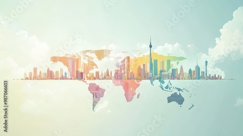 A vibrant, artistic representation of a world map featuring colorful city skylines, perfect for travel and geography themes.