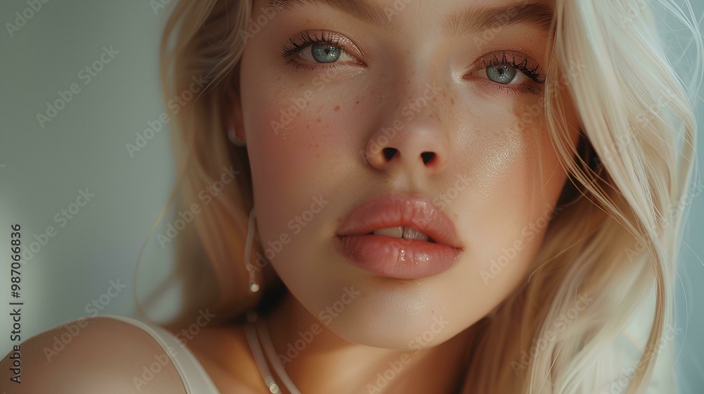 blonde model with straight hair, light makeup and pink lip gloss, wearing pearl earrings against a white background in a close-up blonde model with straight hair, light makeup and pink lip gloss, wearing pearl earrings against a white background in a close-up