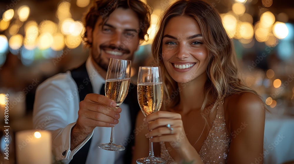 Smiling couple celebrating with champagne glasses in elegant evening setting, surrounded by warm candlelight and sparkling ambiance. Smiling couple celebrating with champagne glasses in elegant evening setting, surrounded by warm candlelight and sparkling ambiance.