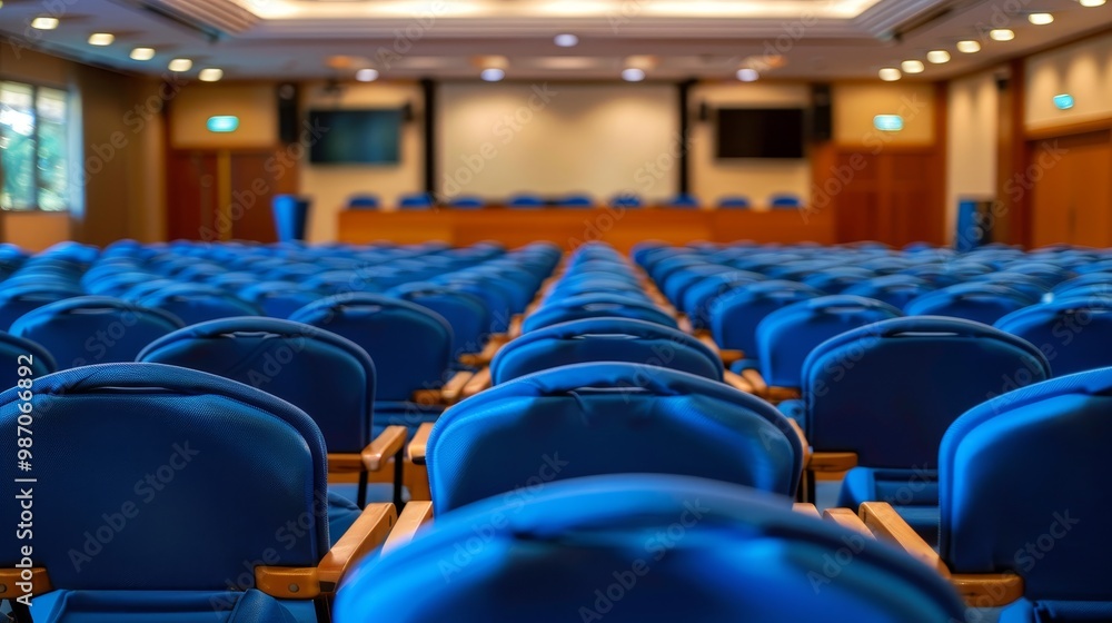 Naklejka premium Spacious conference hall featuring blue chairs from a rear perspective, ready for events