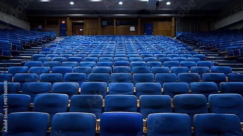 Spacious conference hall featuring blue chairs captured from a rear view perspective