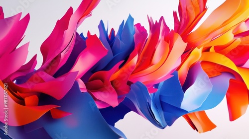 Colorful 3D strokes of electric pink, royal blue, and bright orange, layered in dynamic, angular shapes to create a bold abstract design against the white backdrop. photo