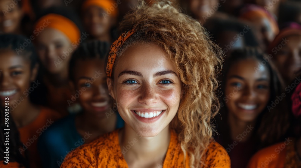 Smiling woman with curly hair in front of a diverse group, highlighting unity and diversity. Smiling woman with curly hair in front of a diverse group, highlighting unity and diversity.